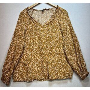 Old Navy Women's  Peasant Blouse Long Sleeve Size L Mustard Yellow Floral